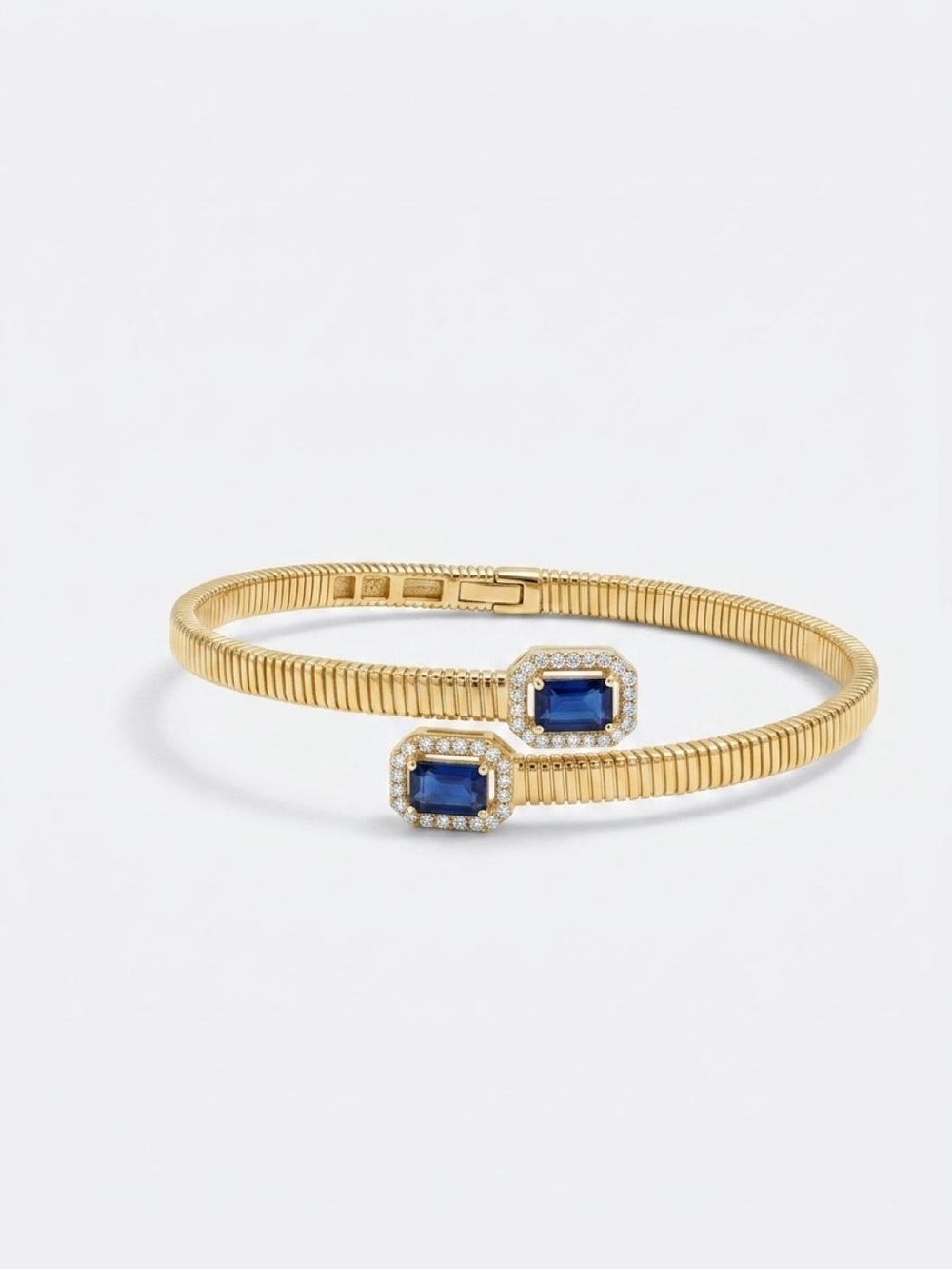 Freida Rothman Gold Hinged Bangle Bracelet with Blue Sapphire-Cut Stones